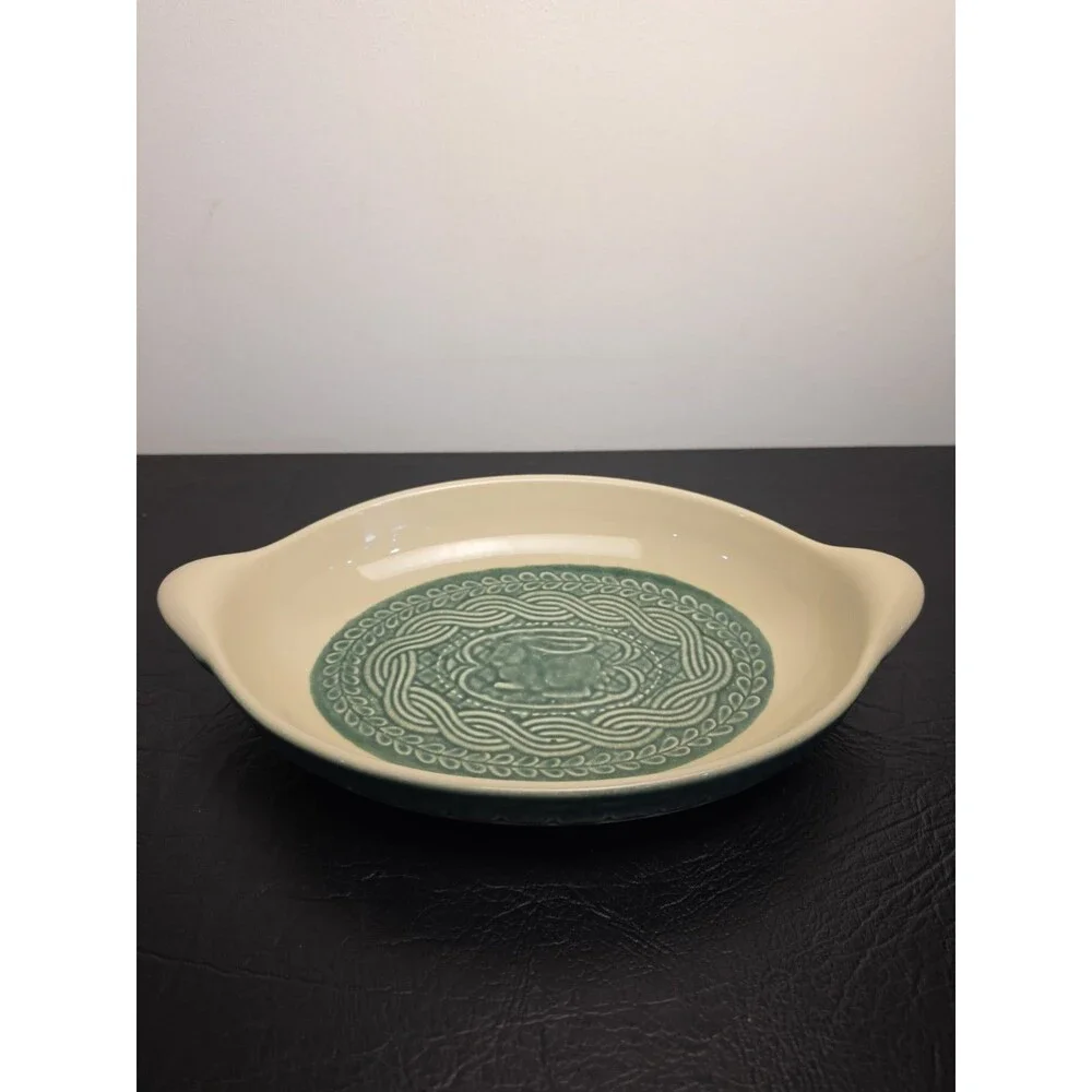 Longaberger Baking Dish Bunny Rabbit Casserole ACO Light Ivy Green Ceramic 13